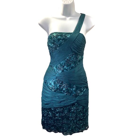Sue Wong Emerald Green One Shoulder Sequins Mini Cocktail Formal Evening Dress 4 - Picture 1 of 7
